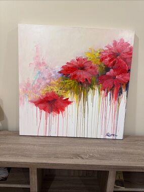 Vibrant Red Floral Canvas Art - Contemporary Bloom Painting “Hibiscus” by Kurt W